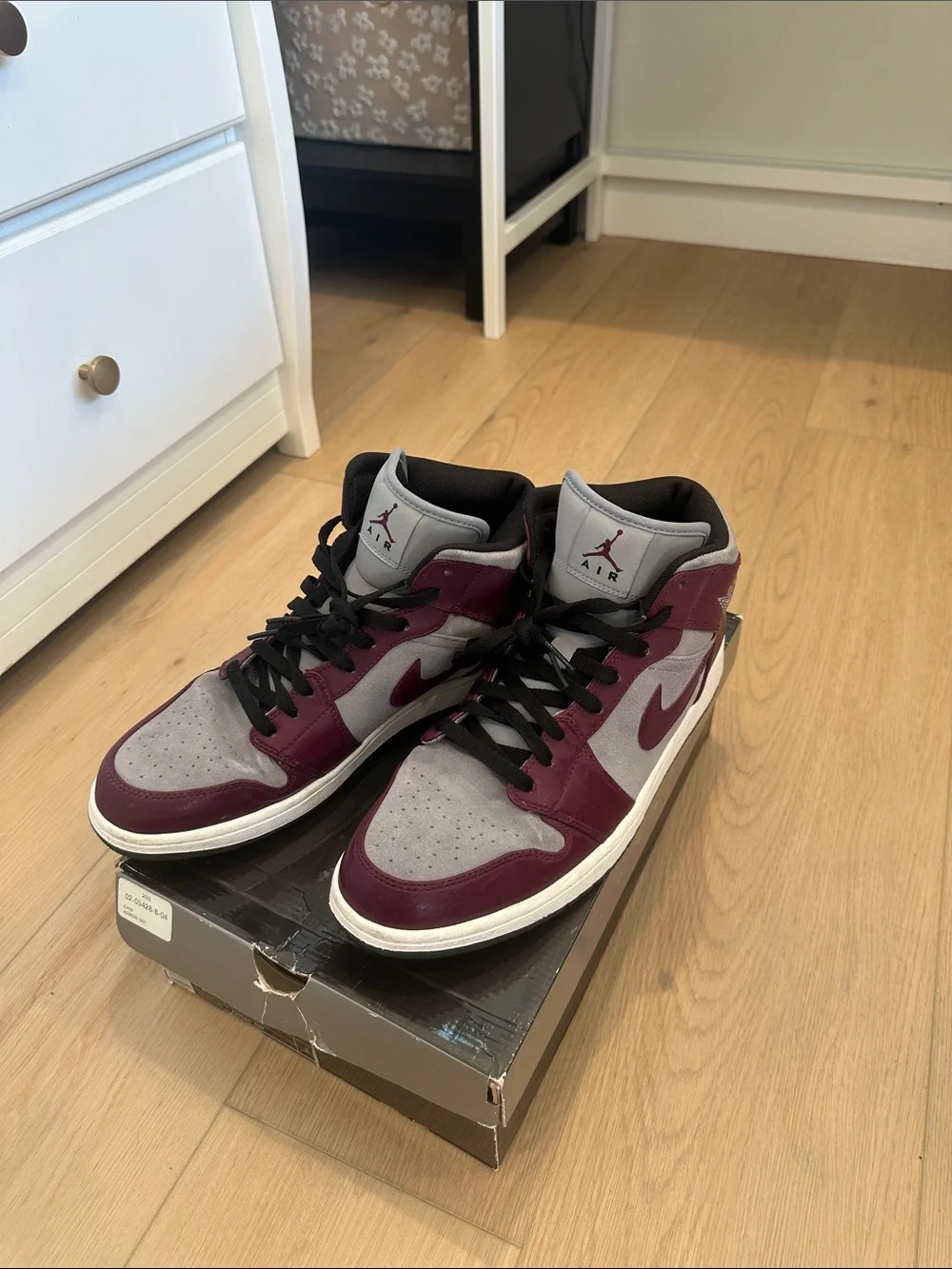 Jordan High-Top Sneakers in Burgundy, Gray, and Black